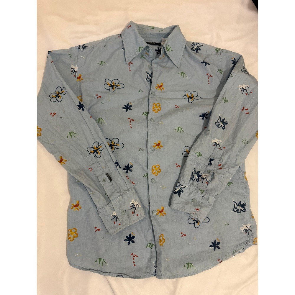 4YOU Scandinavia Mens Floral Print Button Down Shirt Blue Cotton Medium RN98739‎